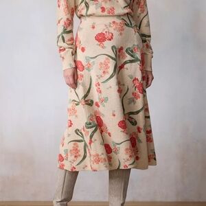 LC Lauren Conrad Cream Midi Skirt with Red Floral Print